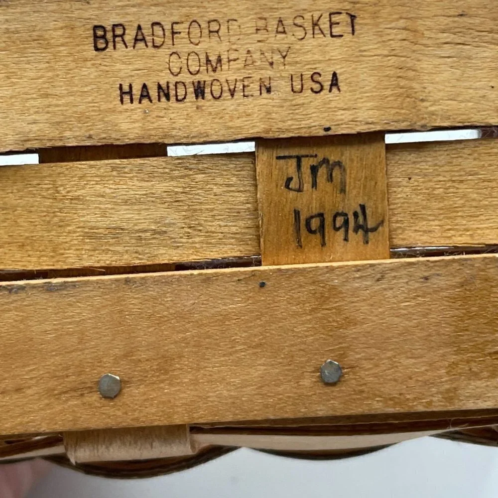 Bradford Basket Vintage Signed 1994 Handwoven Leather Handle Green Trim Basket
